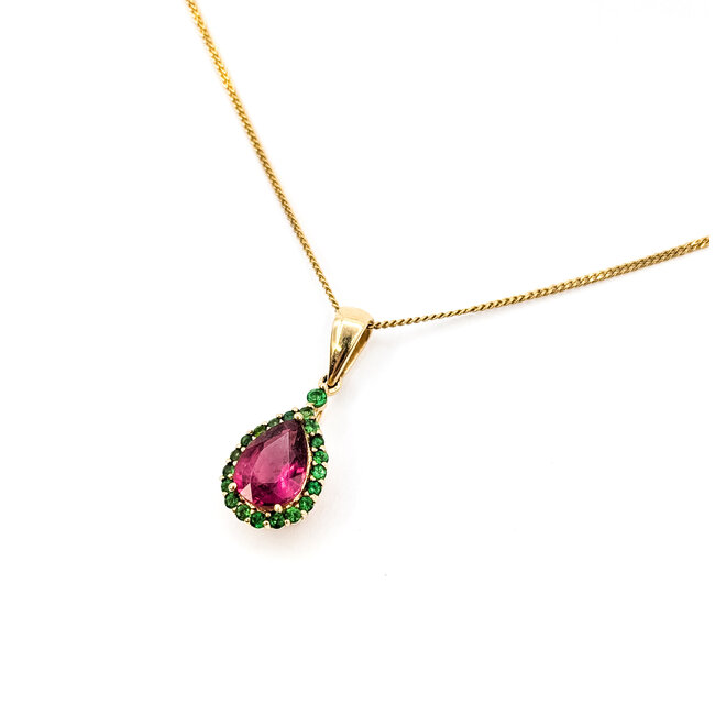Pendant Tear Drop Halo 1.6ct Pink Tourmaline .25ctw Green Emerald 14ky 25x10mm 15.5" 4.37g 226020040