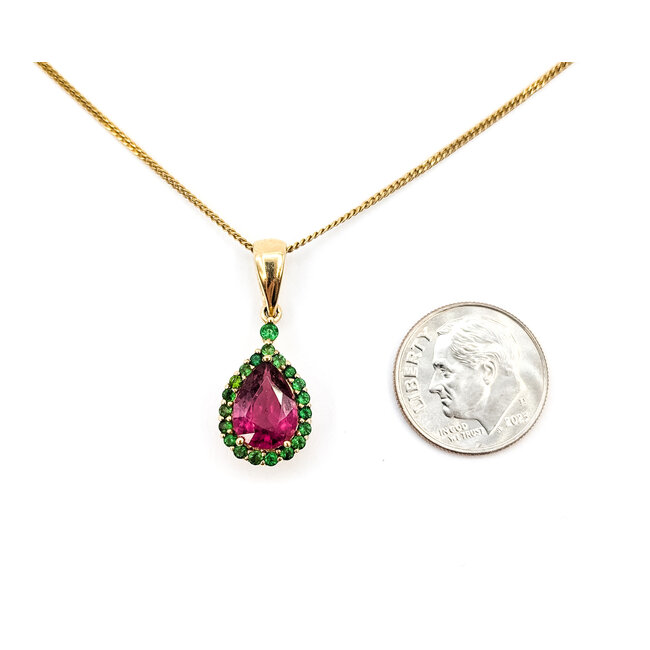Pendant Tear Drop Halo 1.6ct Pink Tourmaline .25ctw Green Emerald 14ky 25x10mm 15.5" 4.37g 226020040