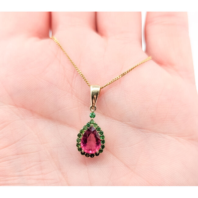Pendant Tear Drop Halo 1.6ct Pink Tourmaline .25ctw Green Emerald 14ky 25x10mm 15.5" 4.37g 226020040