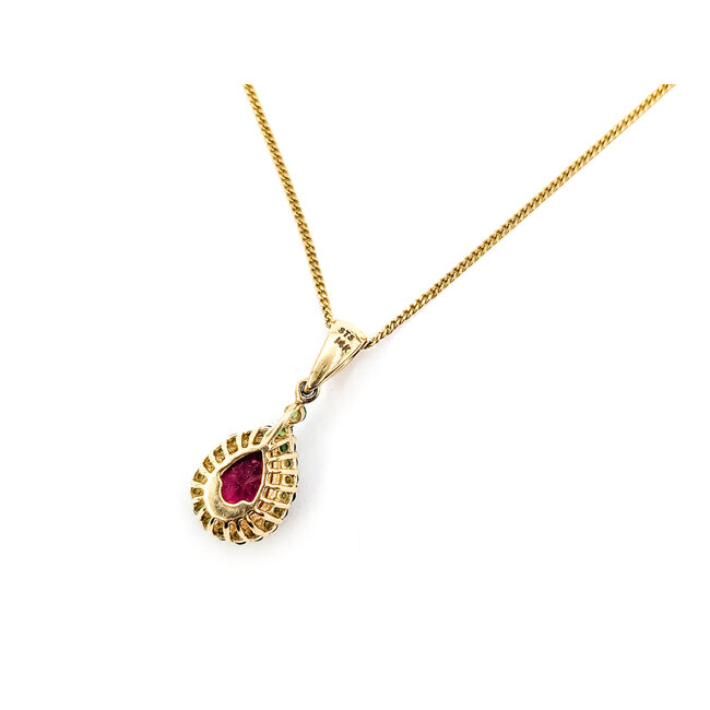 Pendant Tear Drop Halo 1.6ct Pink Tourmaline .25ctw Green Emerald 14ky 25x10mm 15.5" 4.37g 226020040