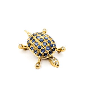 Brooch Turtle 0.3ctw Round Diamonds 2.5ct Blue Sapphire 18ky 1.75x1.1" 16.86g 226020038