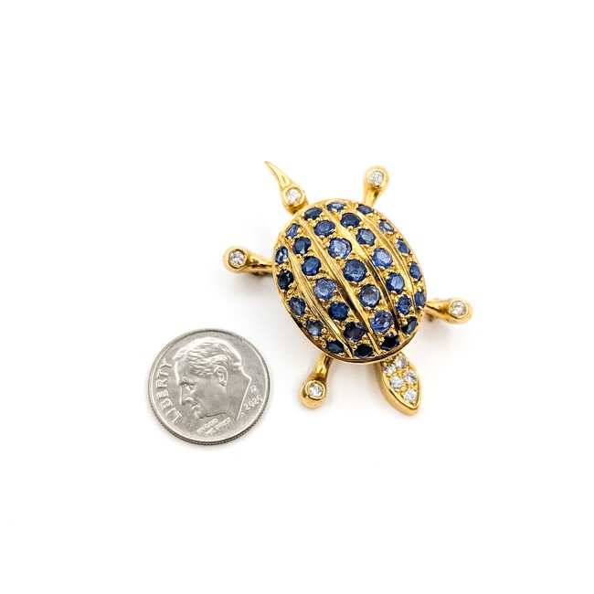 Brooch Turtle 0.3ctw Round Diamonds 2.5ct Blue Sapphire 18ky 1.75x1.1" 16.86g 226020038