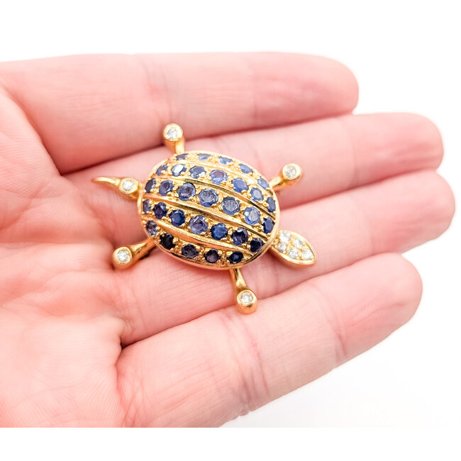 Brooch Turtle 0.3ctw Round Diamonds 2.5ct Blue Sapphire 18ky 1.75x1.1" 16.86g 226020038
