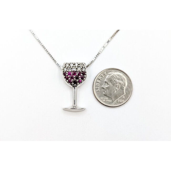 Pendant Wine Glass W/Chain 0.09ctw Round Diamonds 0.12ct Red Ruby 14kw .9x.4" 24" 6.45g 226020043