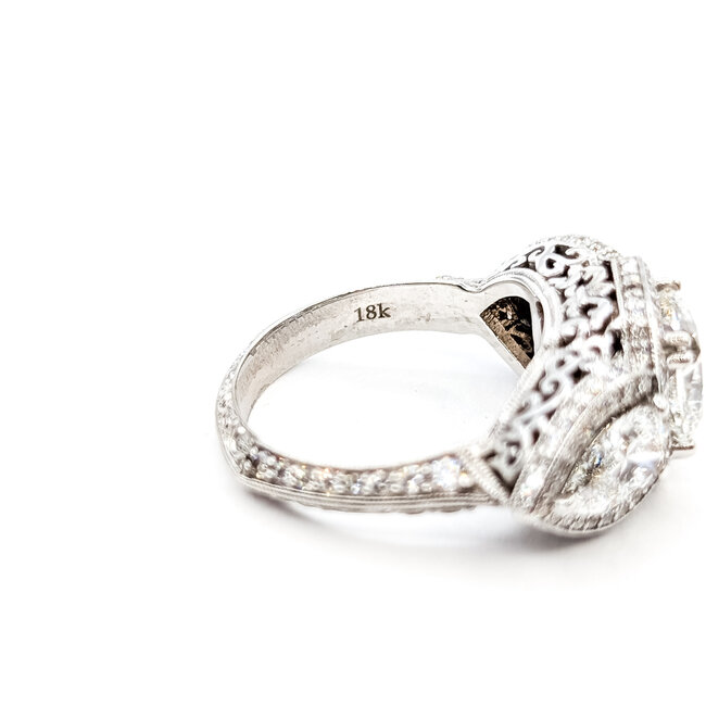 Ring Halo Filigree 2.51ct Cushion Lab Grown Diamond 1.82ctw Pear Lab Grown Diamond 1ctw Near Colorless Diamonds 18kw 12mm Sz7 7.65g 125120032