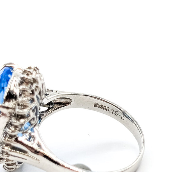 Ring Halo .30ctw Round Diamonds 10ct Swiss Blue Topaz 900pt 2.8mm Sz7 9.07g 126030052
