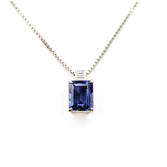Necklace Drop .07ctw Baguette Diamonds 2.03ct Purple Iolite 850pt 1mm 15.5" 6.3g 126030048