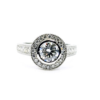 Ring Halo Milgrain 1ct Round Lab Grown Diamond IGI Report: 768604714 VVS2 F 0.75ctw Near Colorless Diamonds 18kw Sz6.5 5.2g 125120048