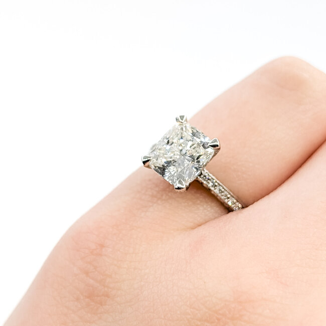 Ring Engagement Wheat Engraved 2.08ct Cushion Lab Grown Diamond IGI: LG559258027 .16ctw Diamonds Plat 1.75mm Sz6 3.2g 125100041