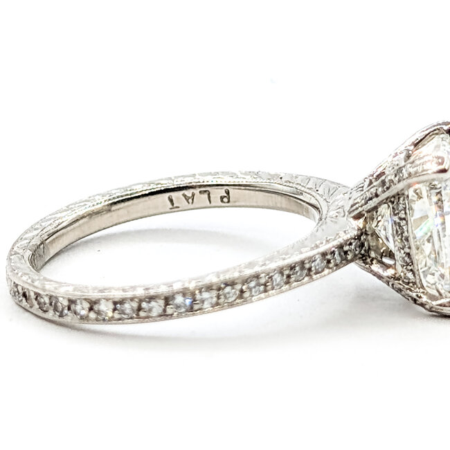 Ring Engagement Wheat Engraved 2.08ct Cushion Lab Grown Diamond IGI: LG559258027 .16ctw Diamonds Plat 1.75mm Sz6 3.2g 125100041