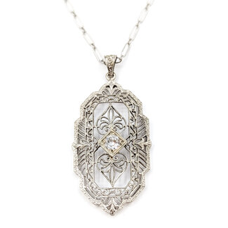 Pendant Filigree W/Chain .12ct Old Euro Diamond 14kw 1.5x.75" 16" 2.93g 226030065