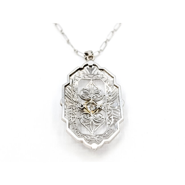Pendant Filigree W/Chain .12ct Old Euro Diamond 14kw 1.5x.75" 16" 2.93g 226030065