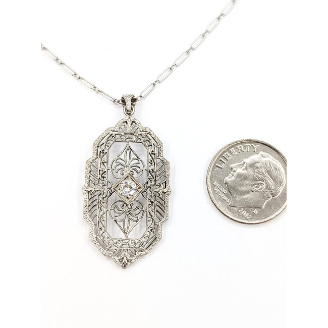 Pendant Filigree W/Chain .12ct Old Euro Diamond 14kw 1.5x.75" 16" 2.93g 226030065