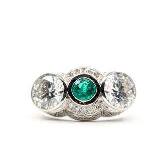 Antique Art Deco Emerald & 2.92ctw Lab-Grown Diamond Platinum Ring