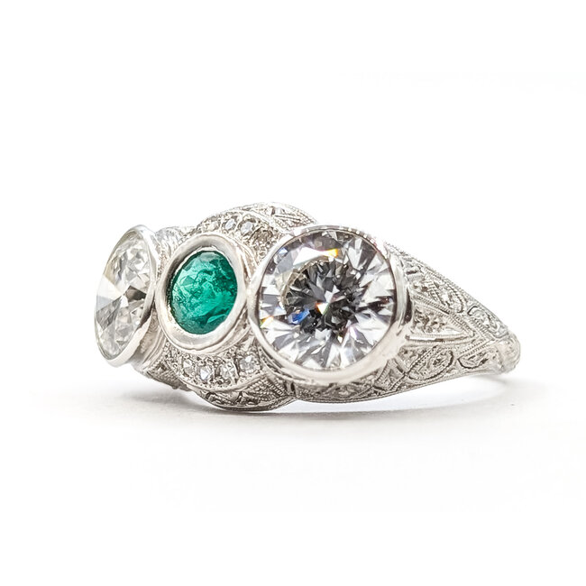 Antique Art Deco Emerald & 2.92ctw Lab-Grown Diamond Ring in Platinum