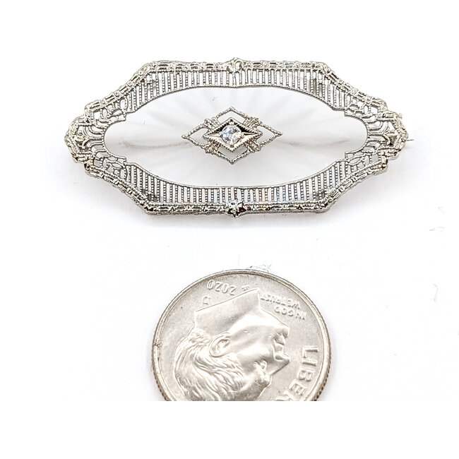 Brooch Filigree Kampfer Glass .035ct Round Diamond 14kw 1.4x.6" 4.15g 226030057