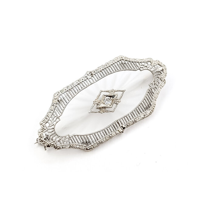 Brooch Filigree Kampfer Glass .035ct Round Diamond 14kw 1.4x.6" 4.15g 226030057