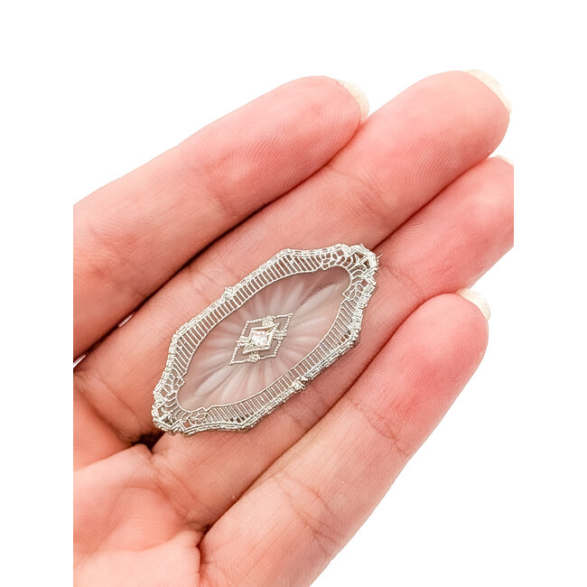 Brooch Filigree Kampfer Glass .035ct Round Diamond 14kw 1.4x.6" 4.15g 226030057