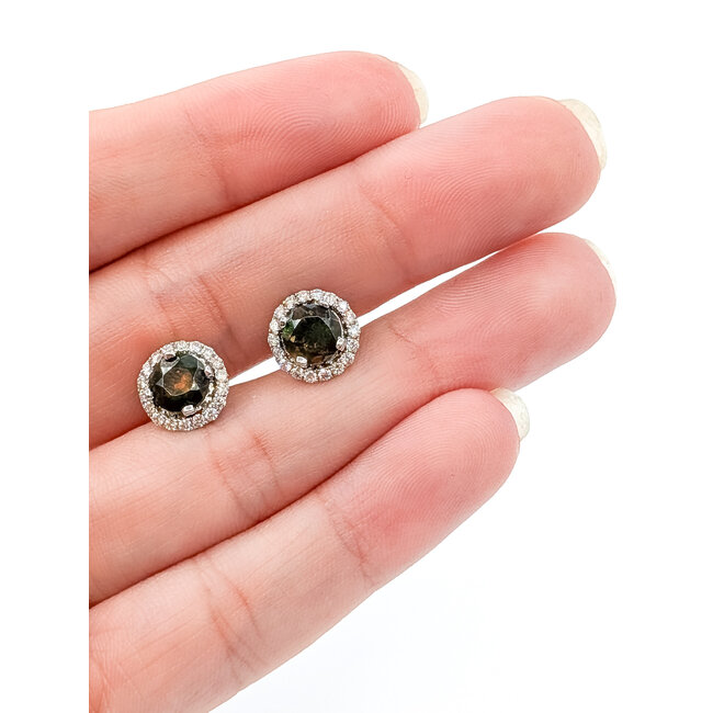 Earrings Stud Halo .30ctw Round Diamonds 1.00ctw Green Opal 14kw 9mm 1.96g 226030056