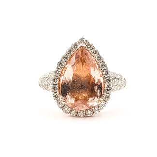 Ring Cocktail Halo 1.08ctw Round Diamonds 3.72ct Peachy Pink Morganite 14kr 20mm Sz7.5 5.7g 126040099