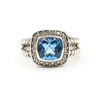Ring David Yurman Albion Collection Cable .16ctw Round Diamonds 7x7mm Blue Topaz 925 7x7mm Sz5 6.03g 226040004