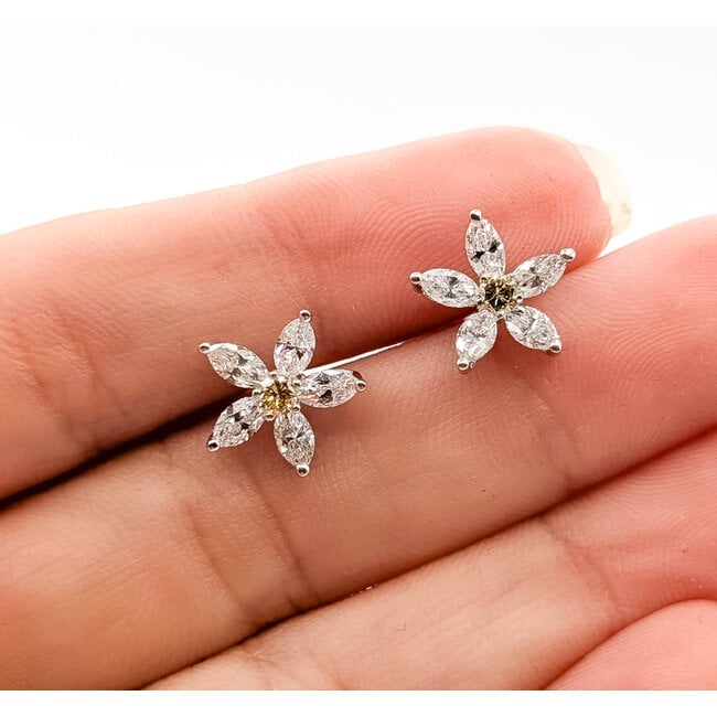 Earrings Stud Flower 1.2ctw Round & Marquise Diamonds 18kw 11mm 3.1g 226050003