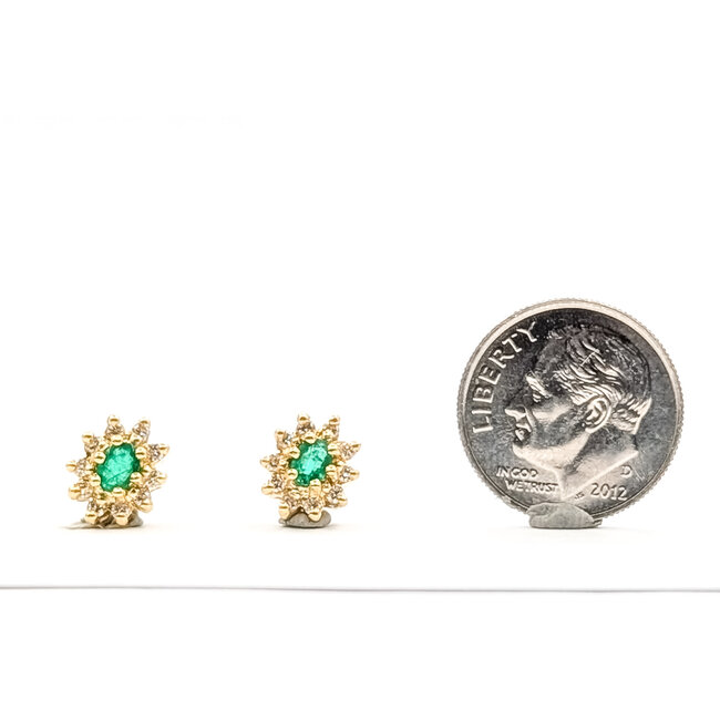 Earrings Stud Halo .16ctw Round Diamonds .14ctw Green Emerald 14ky 9x7mm 1.93g 126040107