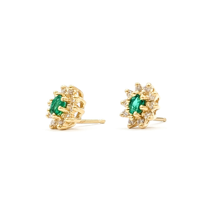 Earrings Stud Halo .16ctw Round Diamonds .14ctw Green Emerald 14ky 9x7mm 1.93g 126040107