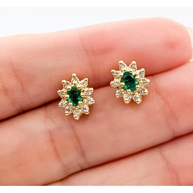 Earrings Stud Halo .16ctw Round Diamonds .14ctw Green Emerald 14ky 9x7mm 1.93g 126040107