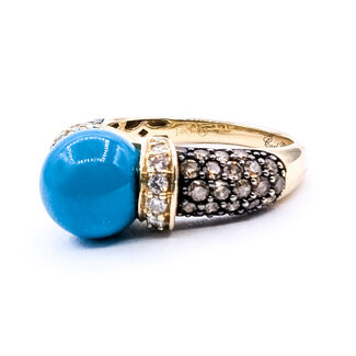 Ring Carlo Viani .38ctw Round Diamonds 9mm Blue Turquoise 14ky 5mm Sz7 5.44g 126040101