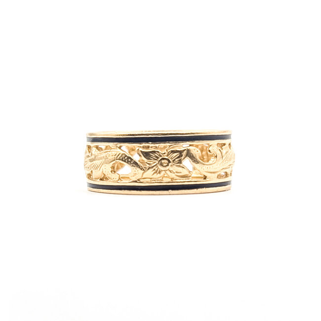 Ring Ornate Black Enamel 14ky 8mm Sz6.5 4.39g 126042023