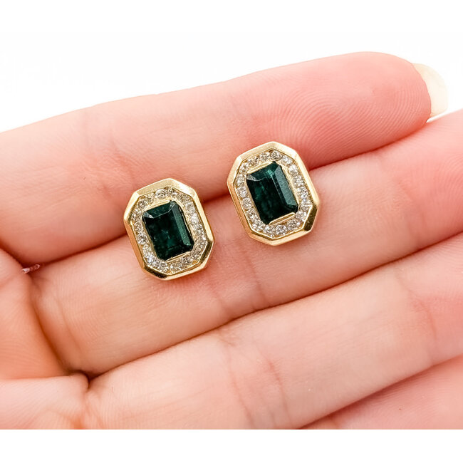 Earrings Stud Halo .33ctw Round Diamonds 1.50ctw Green Emerald 14ky .4x.3" 5.46g 126050030