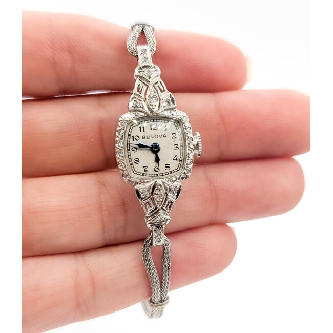 Watch Bulova Art Deco Milgrain Filigree 28x14mm 14kt Case, Stainless Bracelet 6.5" Watch Only 126046018