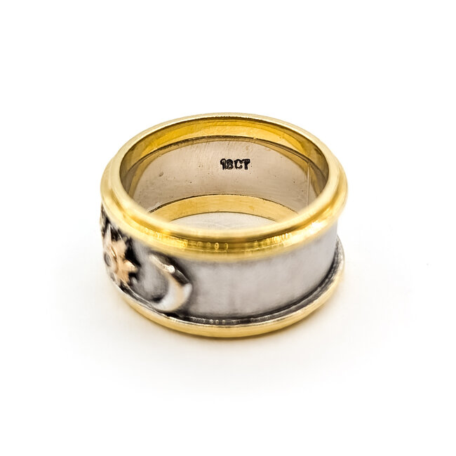 Ring Moon, Sun, Star .03ctw Round Diamonds 18ktt 10mm Sz5.75 8.78g 126040110
