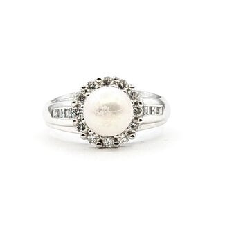 Ring Halo .40ctw Round & Baguette Diamonds 7mm Pearl 14kw 5mm Sz6 5.11g 126040124