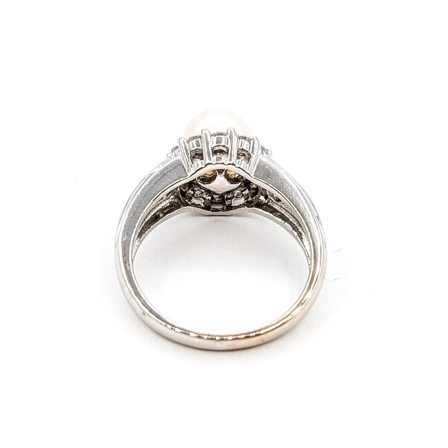Ring Halo .40ctw Round & Baguette Diamonds 7mm Pearl 14kw 5mm Sz6 5.11g 126040124