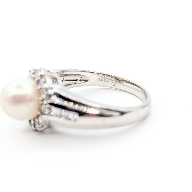 Ring Halo .40ctw Round & Baguette Diamonds 7mm Pearl 14kw 5mm Sz6 5.11g 126040124