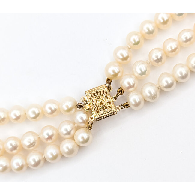 Necklace Triple Strand 6-6.5mm White Akoya Pearls 14ky 6.5mm 16" 65.5g 226050021
