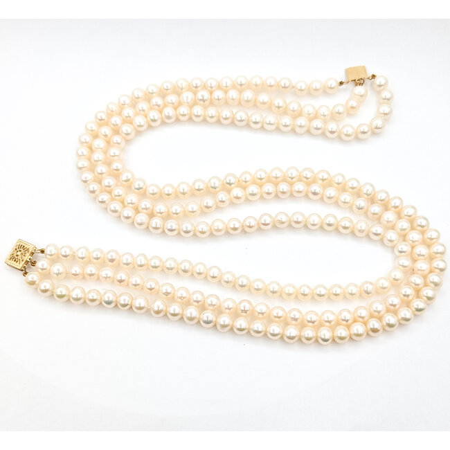 Necklace Triple Strand 6-6.5mm White Akoya Pearls 14ky 6.5mm 16" 65.5g 226050021