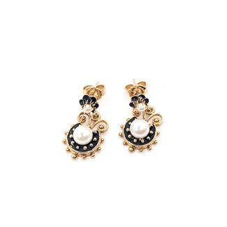 Earrings Drop Fleur Dis Lis Black Enamel 5mm & 2mm White Pearls 14ky .9x.45" 3.53g 126050049
