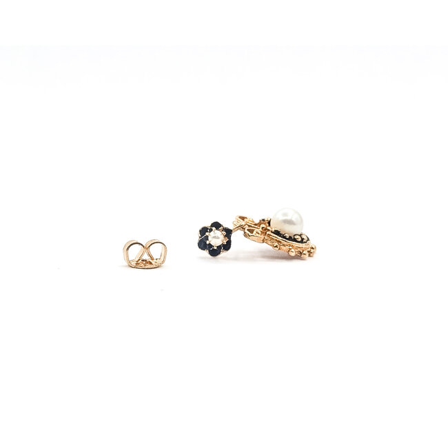 Earrings Drop Fleur Dis Lis Black Enamel 5mm & 2mm White Pearls 14ky .9x.45" 3.53g 126050049