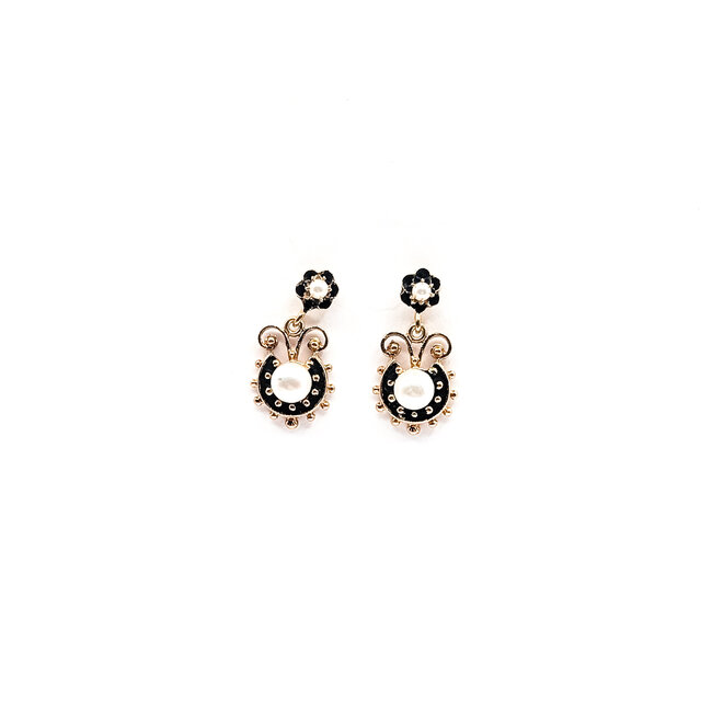 Earrings Drop Fleur Dis Lis Black Enamel 5mm & 2mm White Pearls 14ky .9x.45" 3.53g 126050049