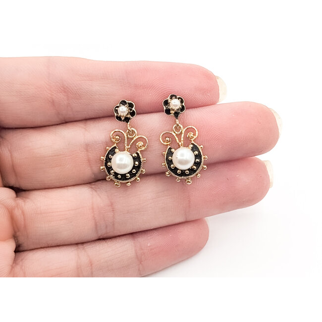 Earrings Drop Fleur Dis Lis Black Enamel 5mm & 2mm White Pearls 14ky .9x.45" 3.53g 126050049