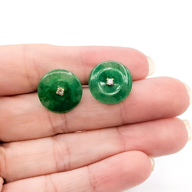 Earrings Stud Screwback .03ctw Round Diamonds 2ctw Green Jade 18ky 14mm 3.5g 226050016