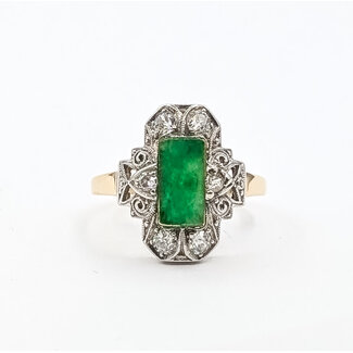 Ring Scroll .33ctw Mine Cut Diamonds .85ct Green Jade 14ktt 16x10mm Sz6 2.78g 226050019