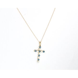 Pendant Cross W/Chain 0.40ctw Round Diamonds 0.45ctw London Blue Topaz 10ky 18" 1.49g 126040087