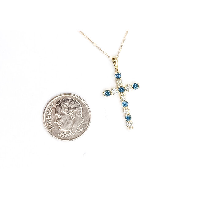 Pendant Cross W/Chain 0.40ctw Round Diamonds 0.45ctw London Blue Topaz 10ky 18" 1.49g 126040087