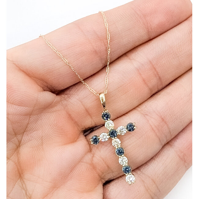 Pendant Cross W/Chain 0.40ctw Round Diamonds 0.45ctw London Blue Topaz 10ky 18" 1.49g 126040087