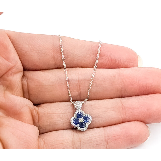 Necklace Quatrefoil 0.15ctw Round Diamonds 0.65ctw Blue Sapphire 14kw 18" 1.62g 126040084