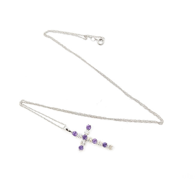 Pendant Cross W/Chain 0.40ctw Round Diamonds 0.36ctw Purple Amethyst 10kw 18" 1.51g 126040086
